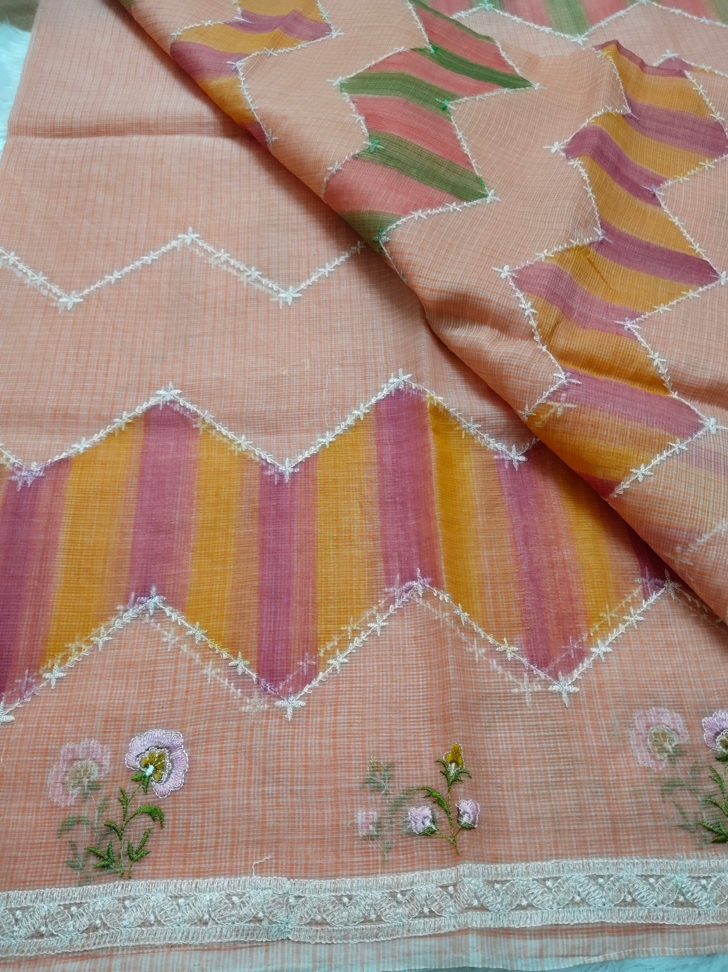 Peach Handloom Embroidered Kota Doria