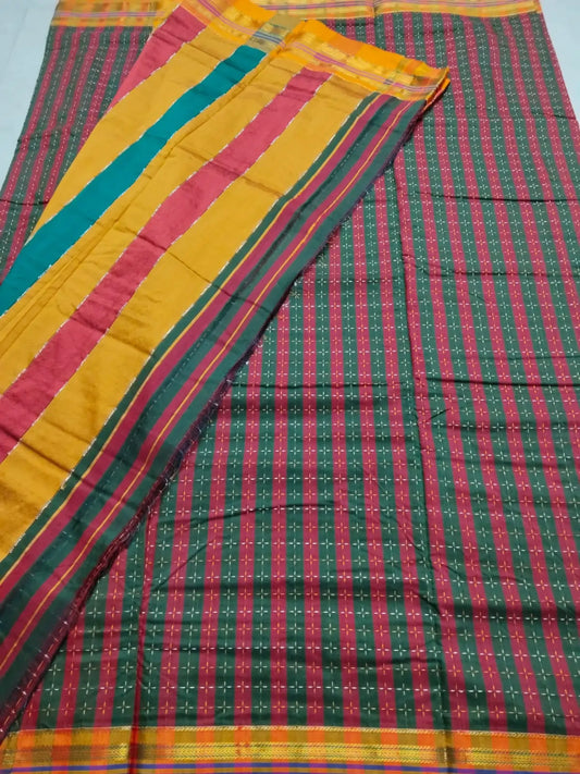 Cotton Silk Ilkal Saree with Star pattern – Green & Maroon with Mustard Pallu