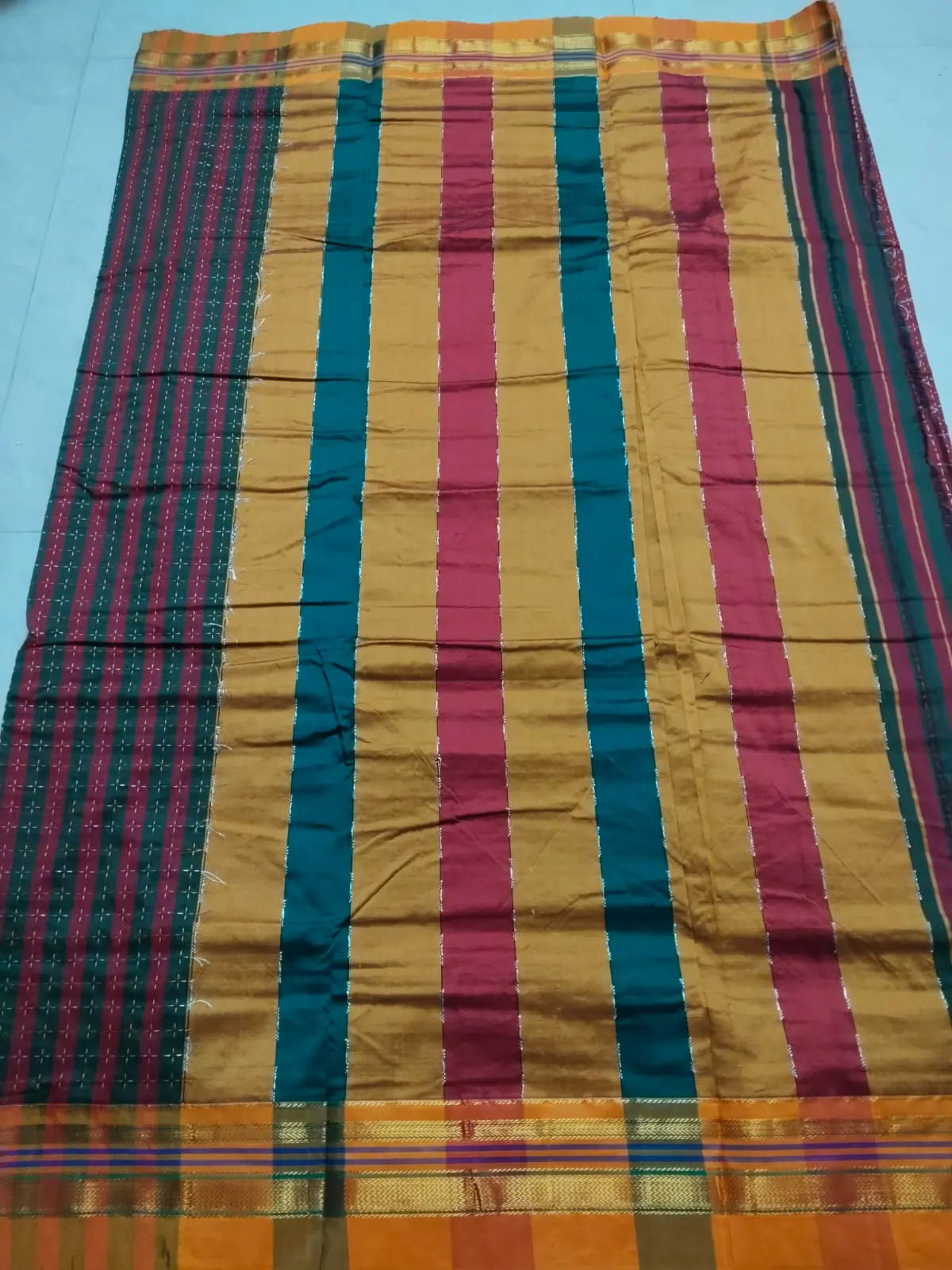 Cotton Silk Ilkal Saree with Star pattern – Green & Maroon with Mustard Pallu