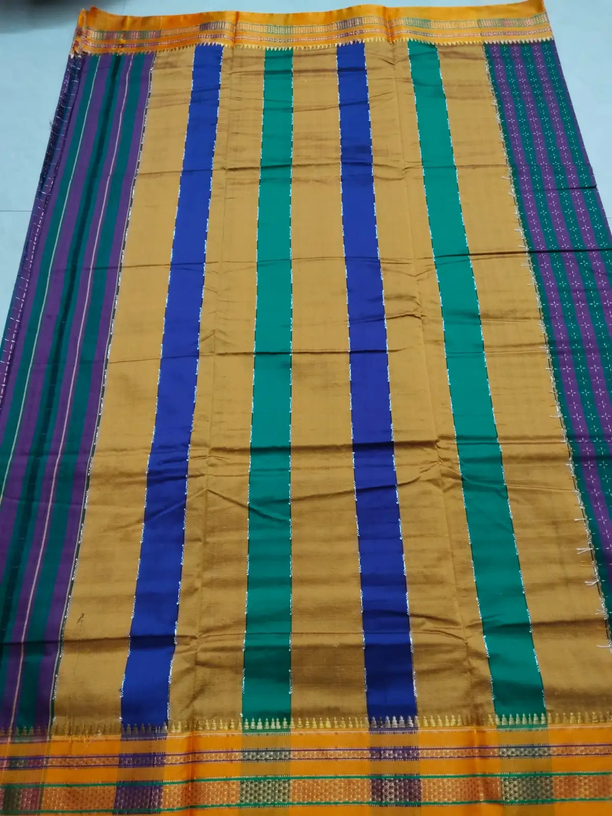 Cotton Silk Ilkal Saree with Star pattern – Green & Purple Stripes with Mustard Yellow Border