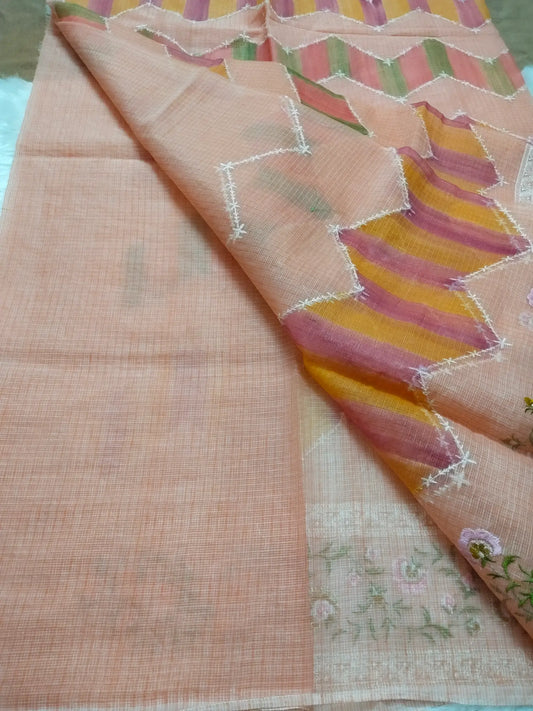 Peach Handloom Embroidered Kota Doria