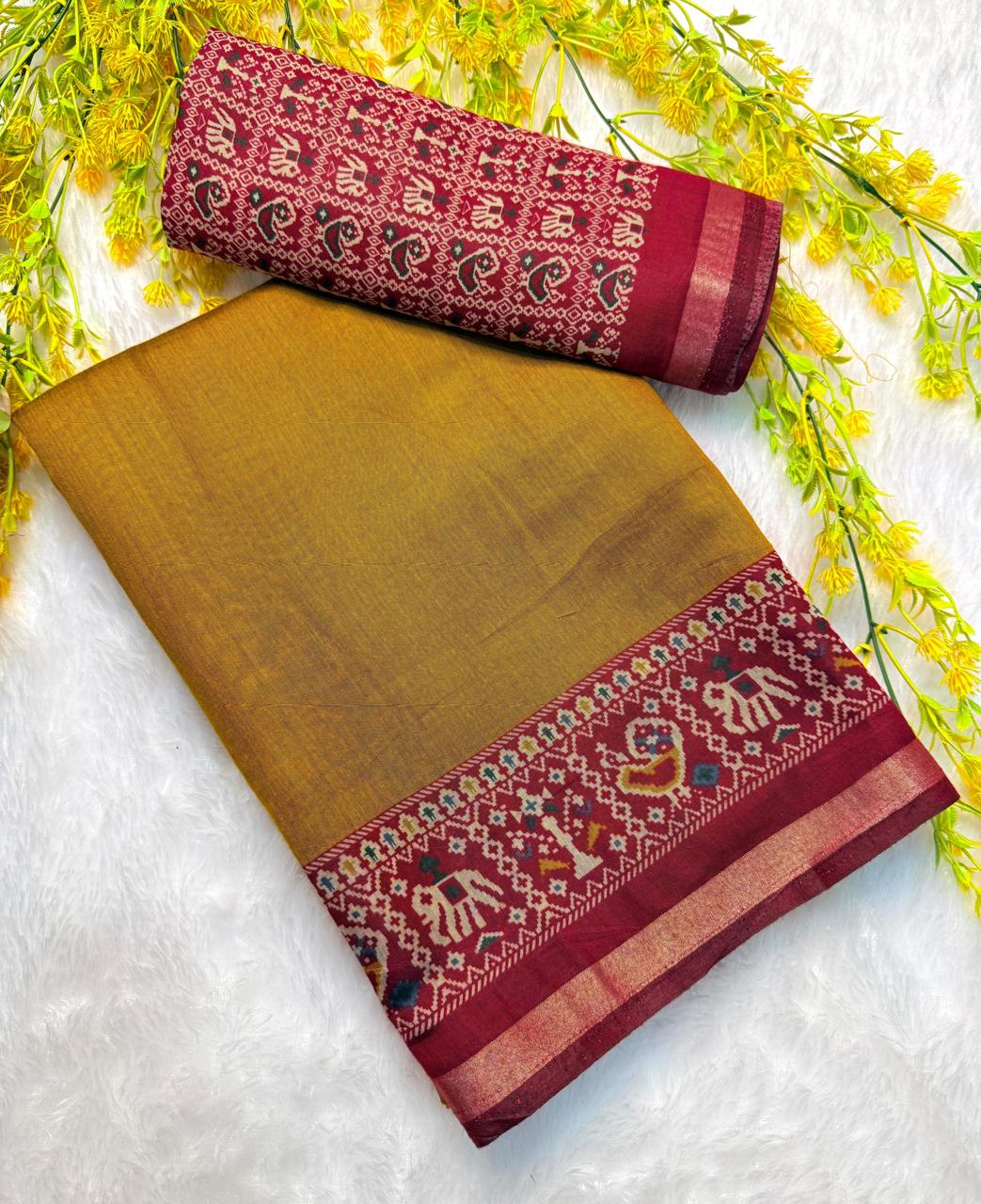Mustard Patola Border Mulmul cotton saree