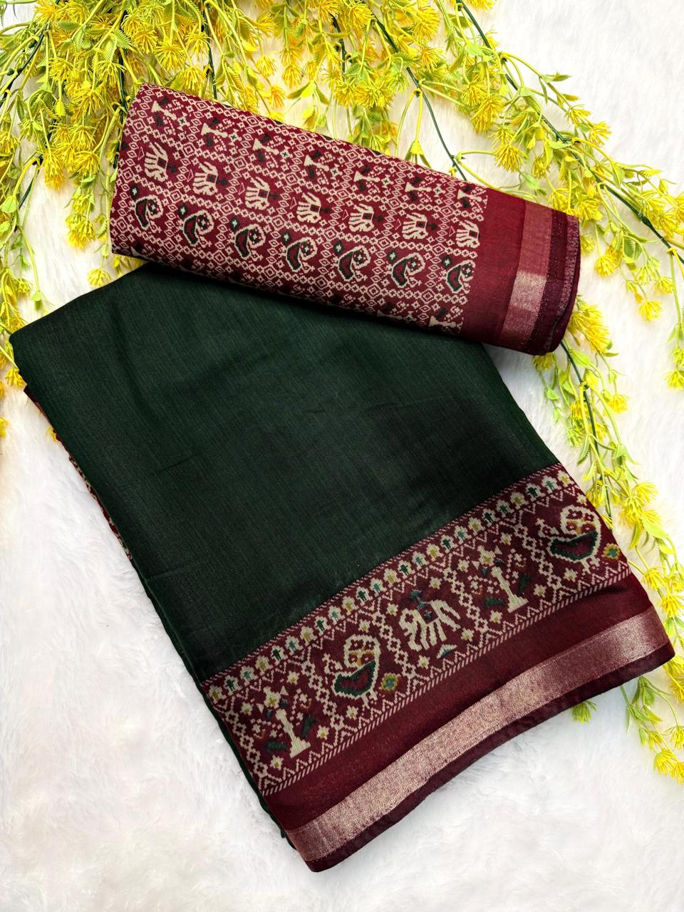 Bottle Green traditional Patola Border Mulmul cotton saree