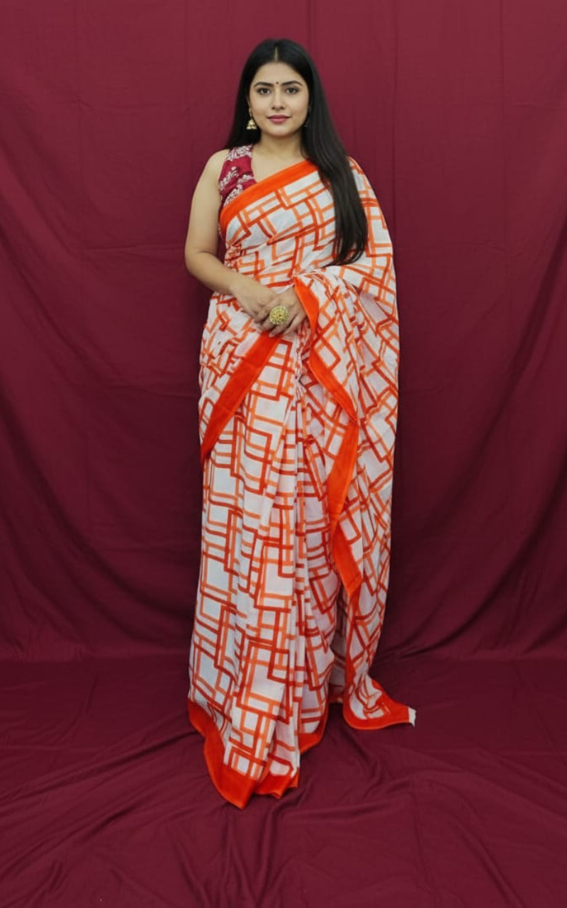 Orange and White Hand-Block Printed Mulmul Saree