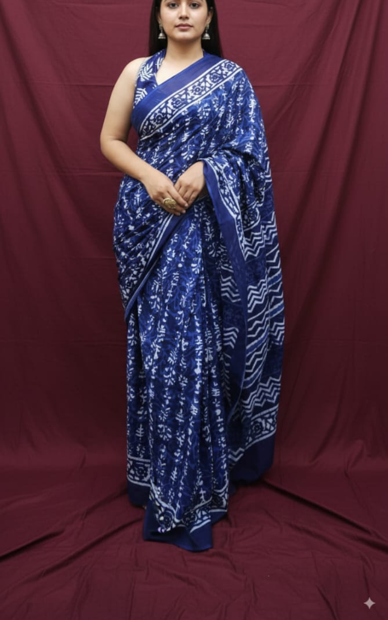 Indigo Blue and White Hand-Block Printed Cotton Mulmul Saree