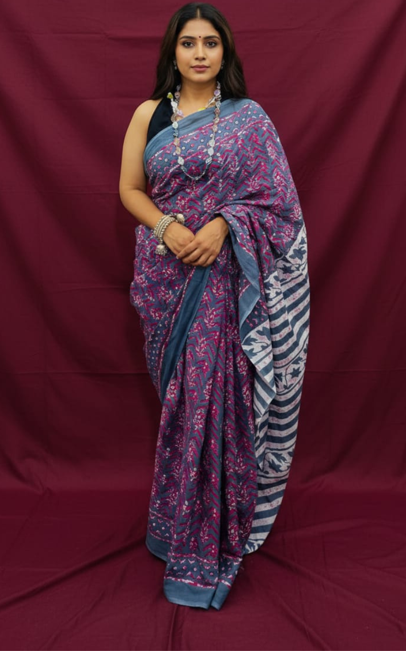 Indigo and Rose Pink Floral Hand-Block Printed Mulmul Saree