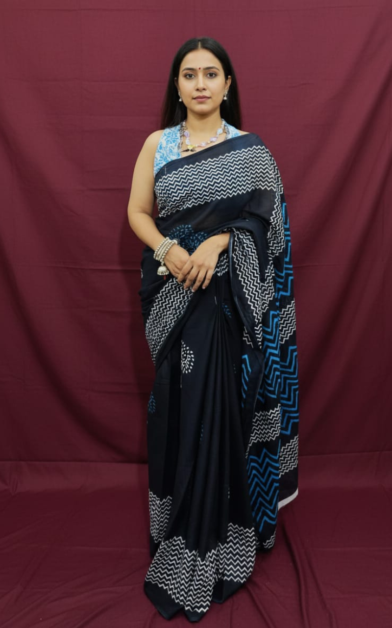 Black and Electric Blue Hand-block Printed Mulmul Saree