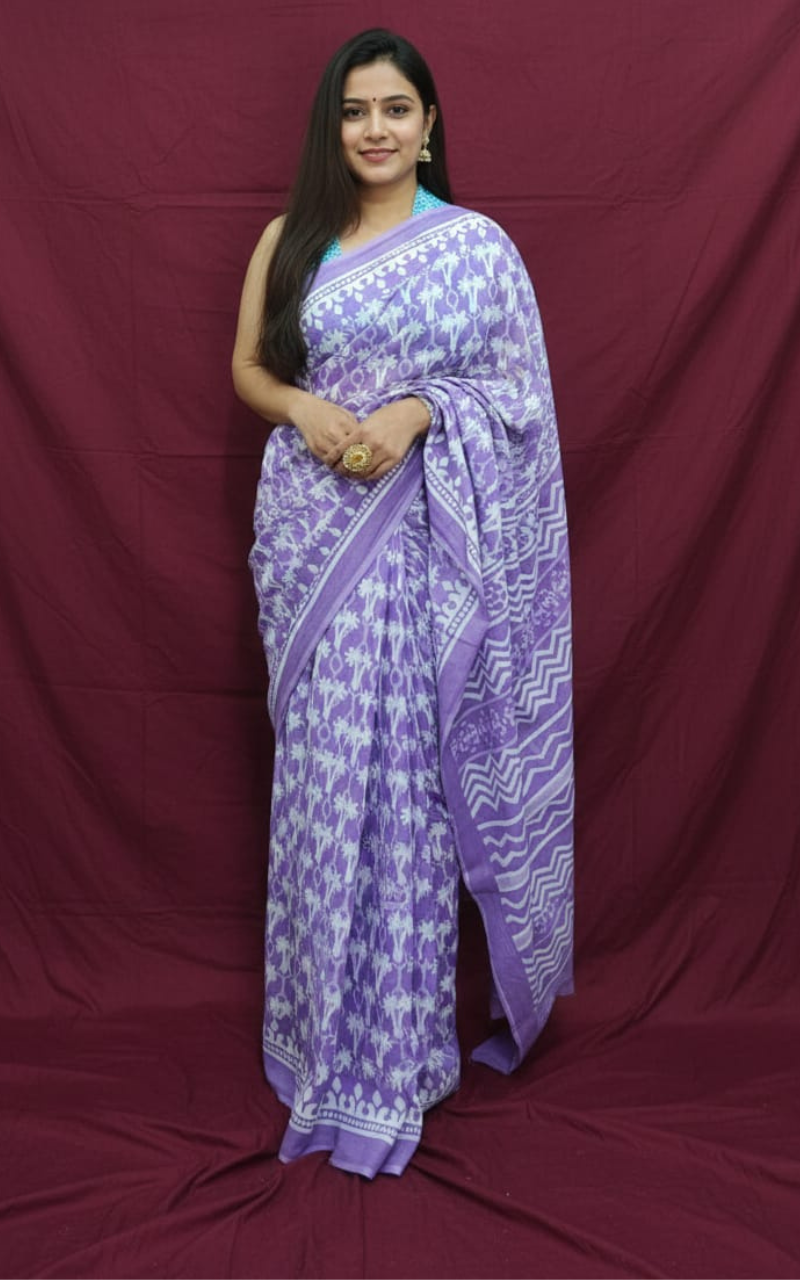 Lavender and White Jaipuri Hand-Block Printed Mulmul Saree