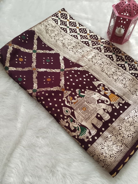 Wine-colored Dola Silk saree