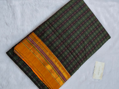 Handloom Ilkal Cotton Saree – Green & Maroon with Mustard Pallu