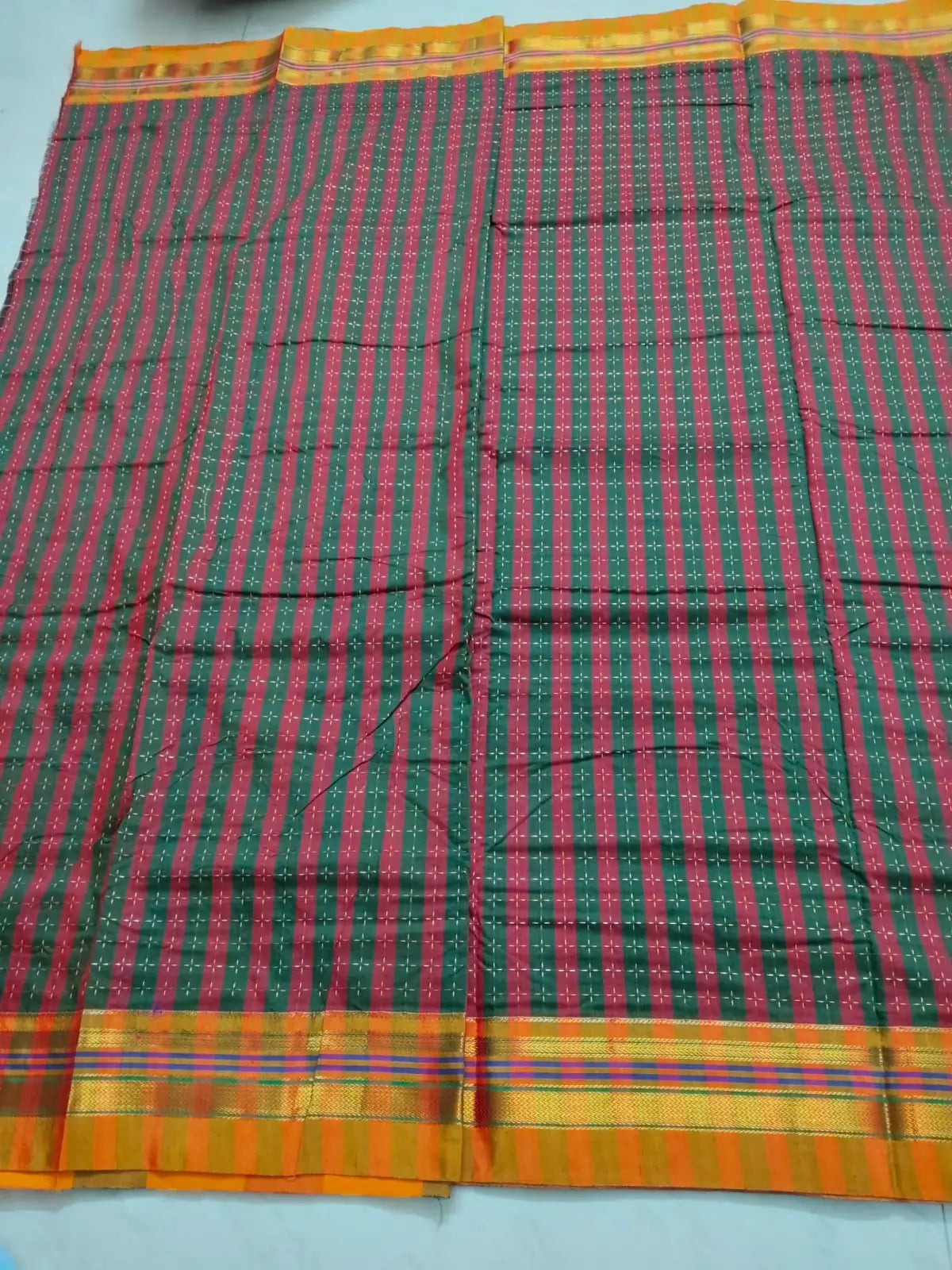 Cotton Silk Ilkal Saree with Star pattern – Green & Maroon with Mustard Pallu