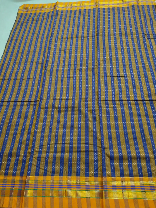Cotton Silk Ilkal Saree with Star pattern– Blue & Mustard with Multicolor Pallu