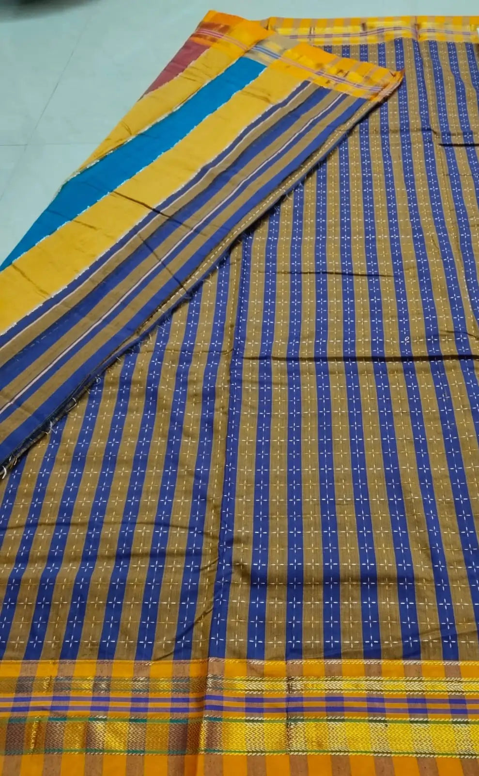 Cotton Silk Ilkal Saree with Star pattern– Blue & Mustard with Multicolor Pallu