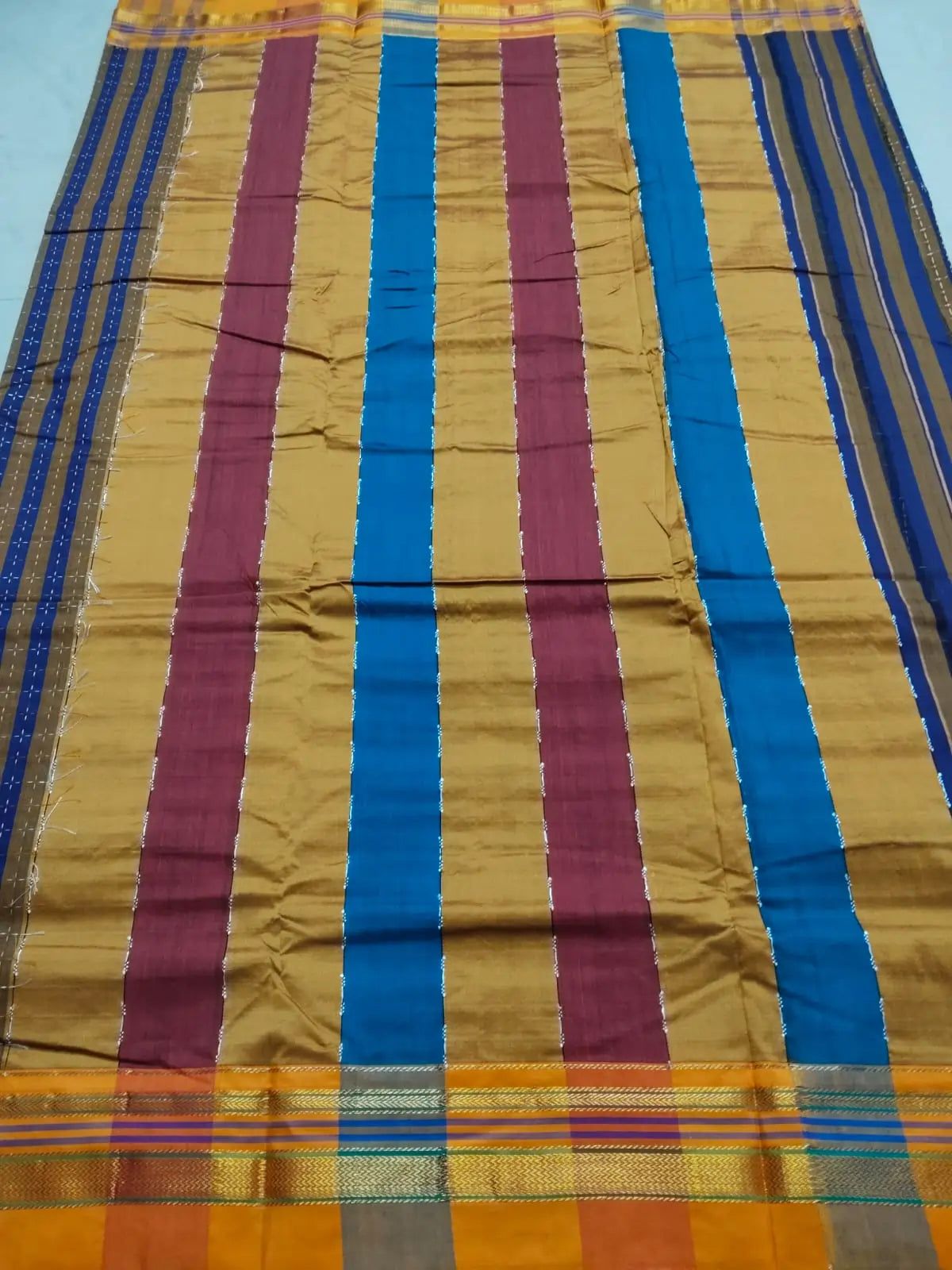 Cotton Silk Ilkal Saree with Star pattern– Blue & Mustard with Multicolor Pallu