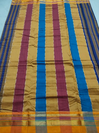 Cotton Silk Ilkal Saree with Star pattern– Blue & Mustard with Multicolor Pallu