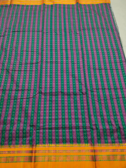 Cotton Silk Ilkal Saree with Star pattern – Green & Purple Stripes with Mustard Yellow Border