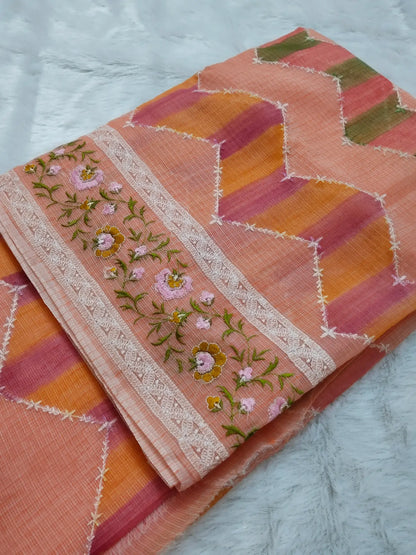 Peach Handloom Embroidered Kota Doria