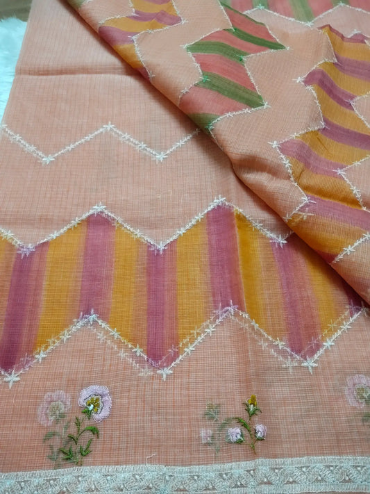 Peach Handloom Embroidered Kota Doria