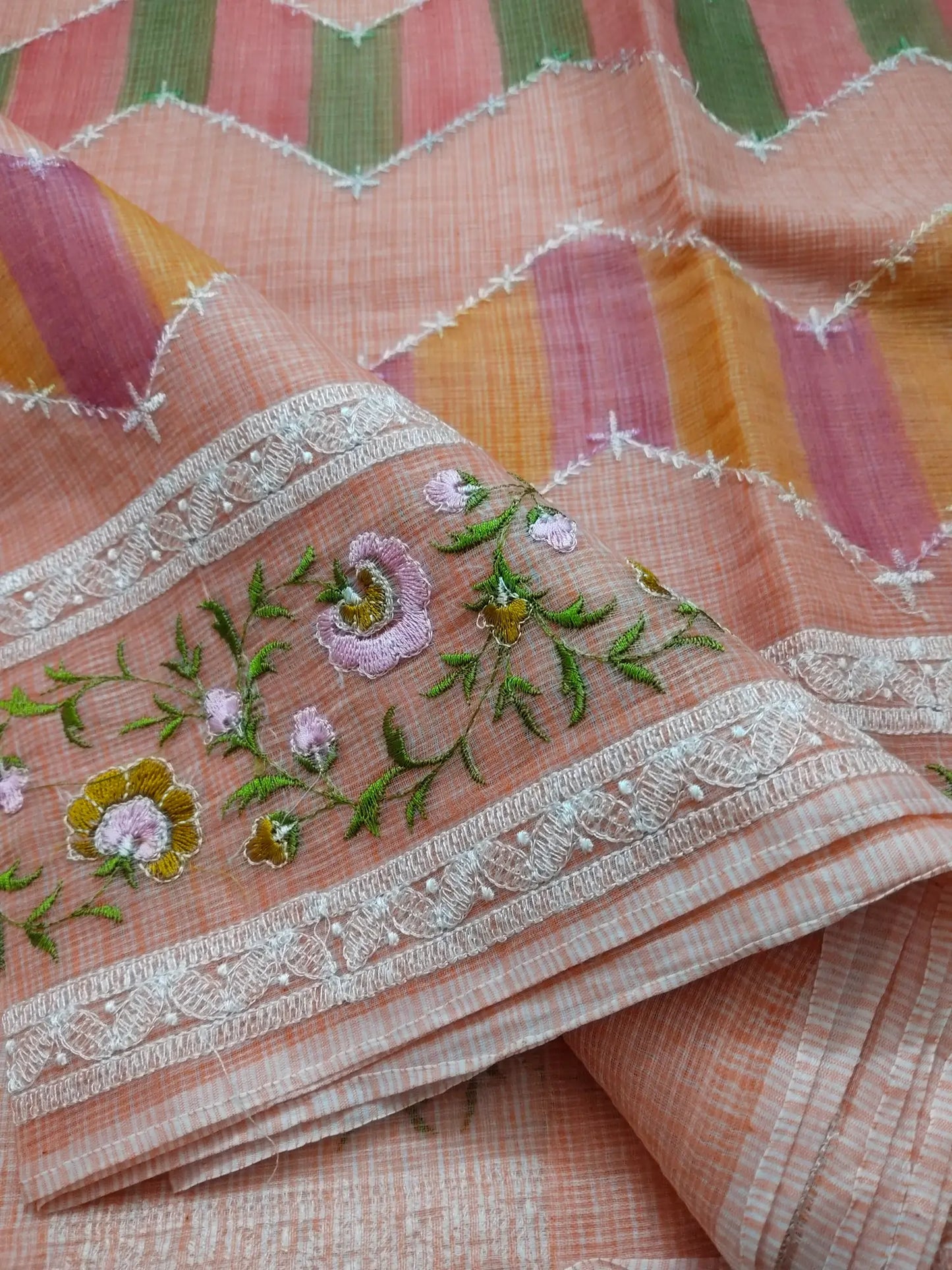 Peach Handloom Embroidered Kota Doria