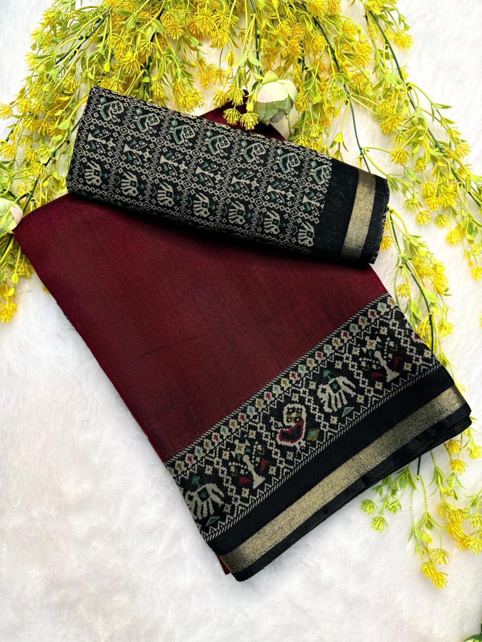 Maroon Patola Border Mulmul cotton saree
