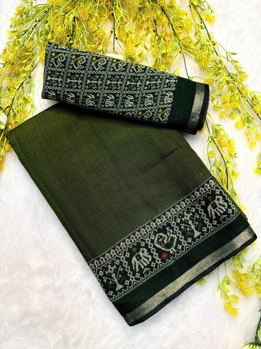 Olive Green Patola Border Mulmul cotton saree