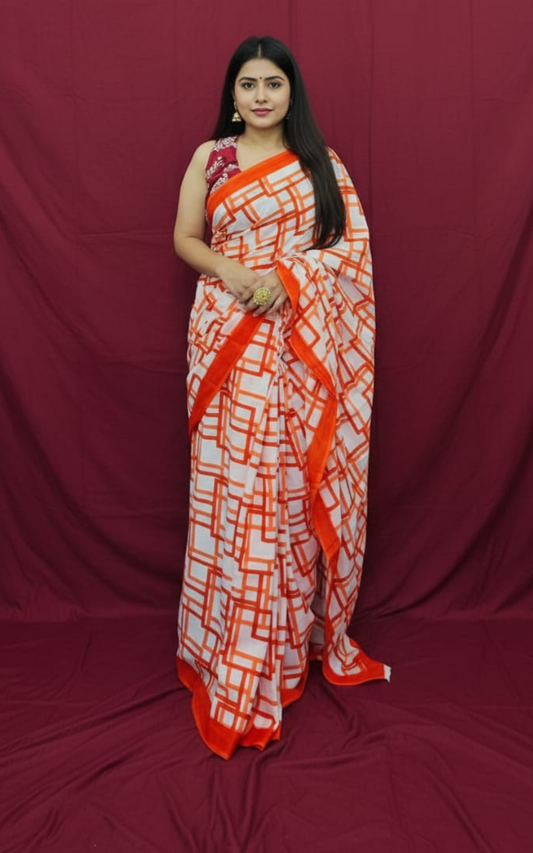 Orange and White Hand-Block Printed Mulmul Saree