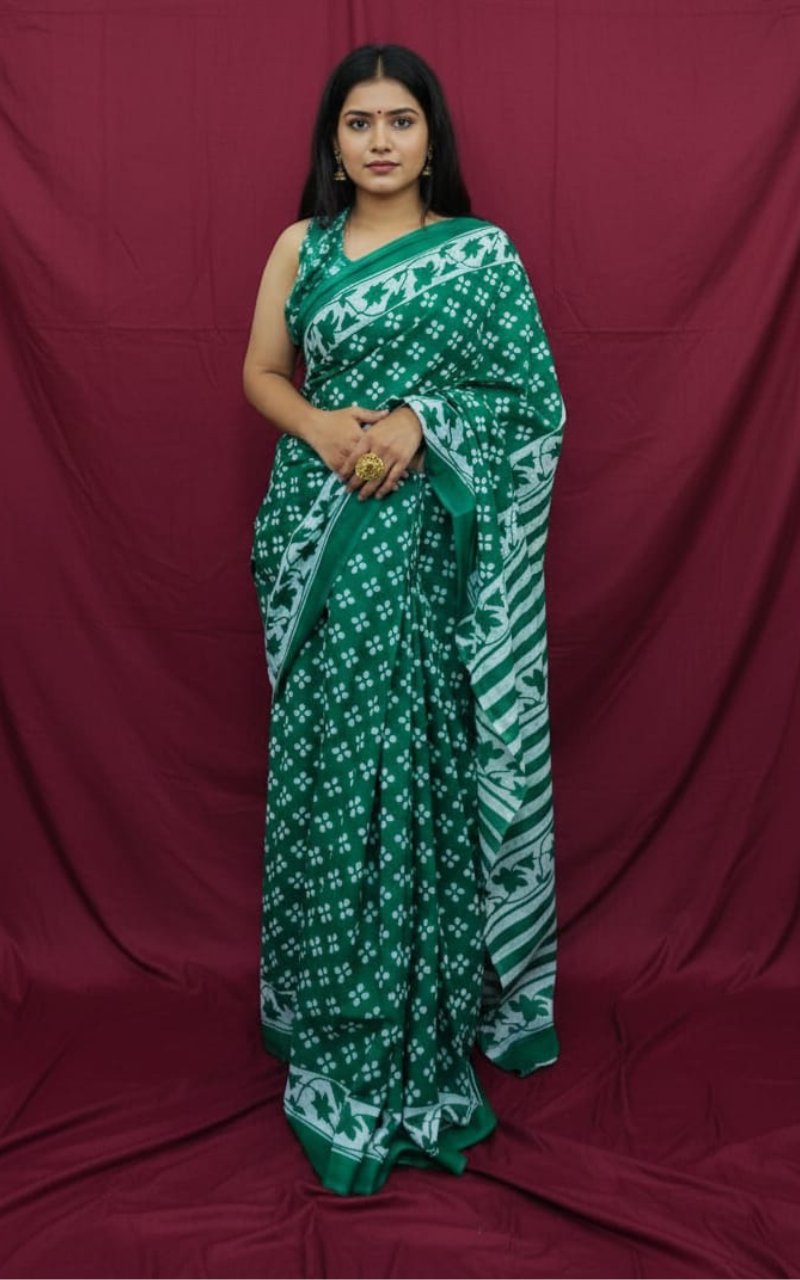 Emerald Green and White Hand-Block Printed Mulmul Saree