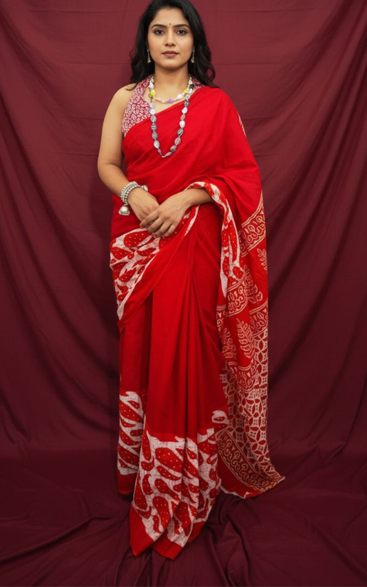 Radiant Red and White Hand-Block Printed Mulmul Saree