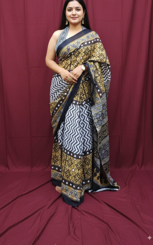 Mustard and Black Hand-Block Printed Mulmul Saree