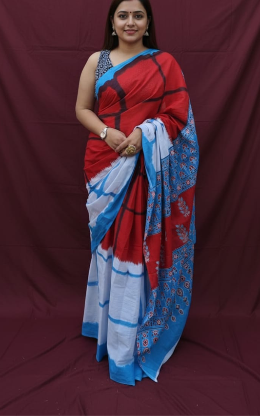 Red and Sky Blue Hand-Block Printed Mulmul Saree