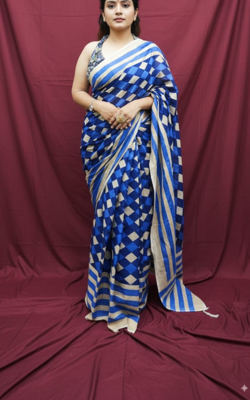 Blue and Beige Geometric Checkered Hand-Block Printed Mulmul Saree