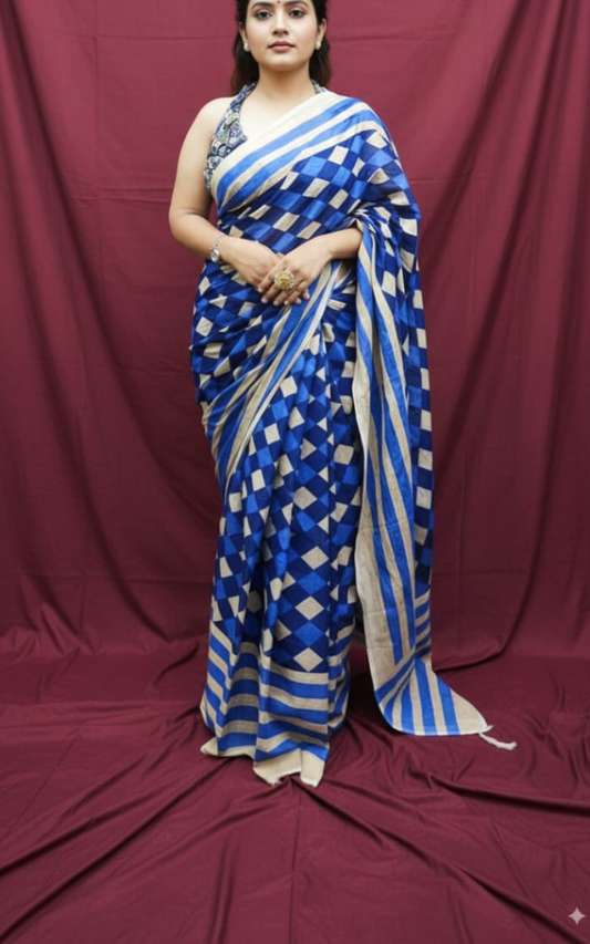 Blue and Beige Geometric Checkered Hand-Block Printed Mulmul Saree