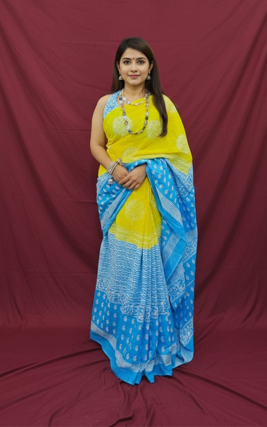 Yellow and Sky Blue Hand-Block Printed Cotton Mulmul Saree