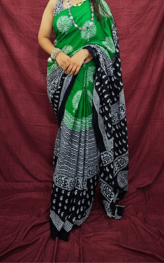 Green and Black Hand-Block Printed Mulmul Cotton Saree