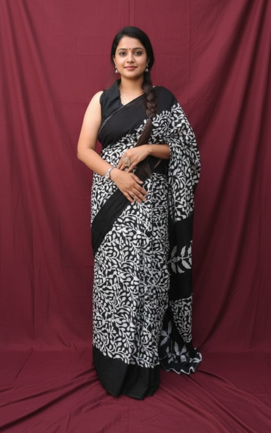 Black and White Hand-Block Printed Saree