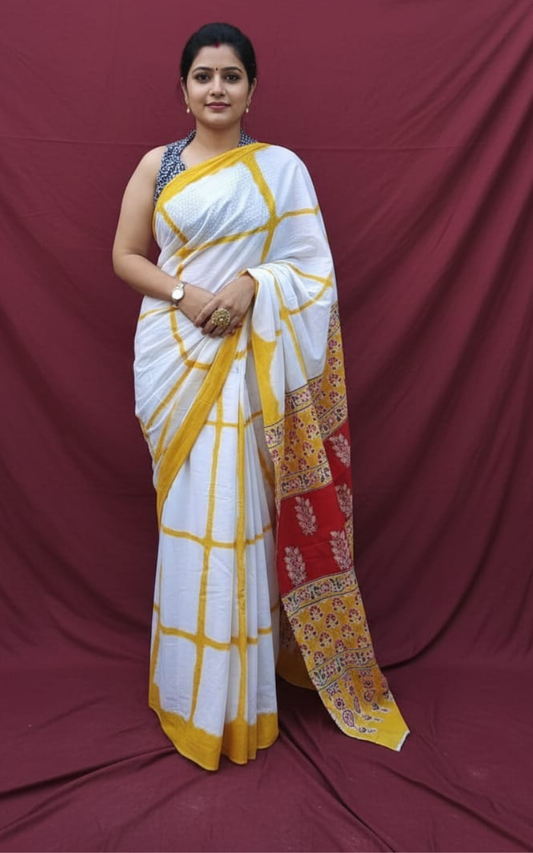 White and Yellow Tie-n-Dye Checks Handloom Cotton Mulmul Saree