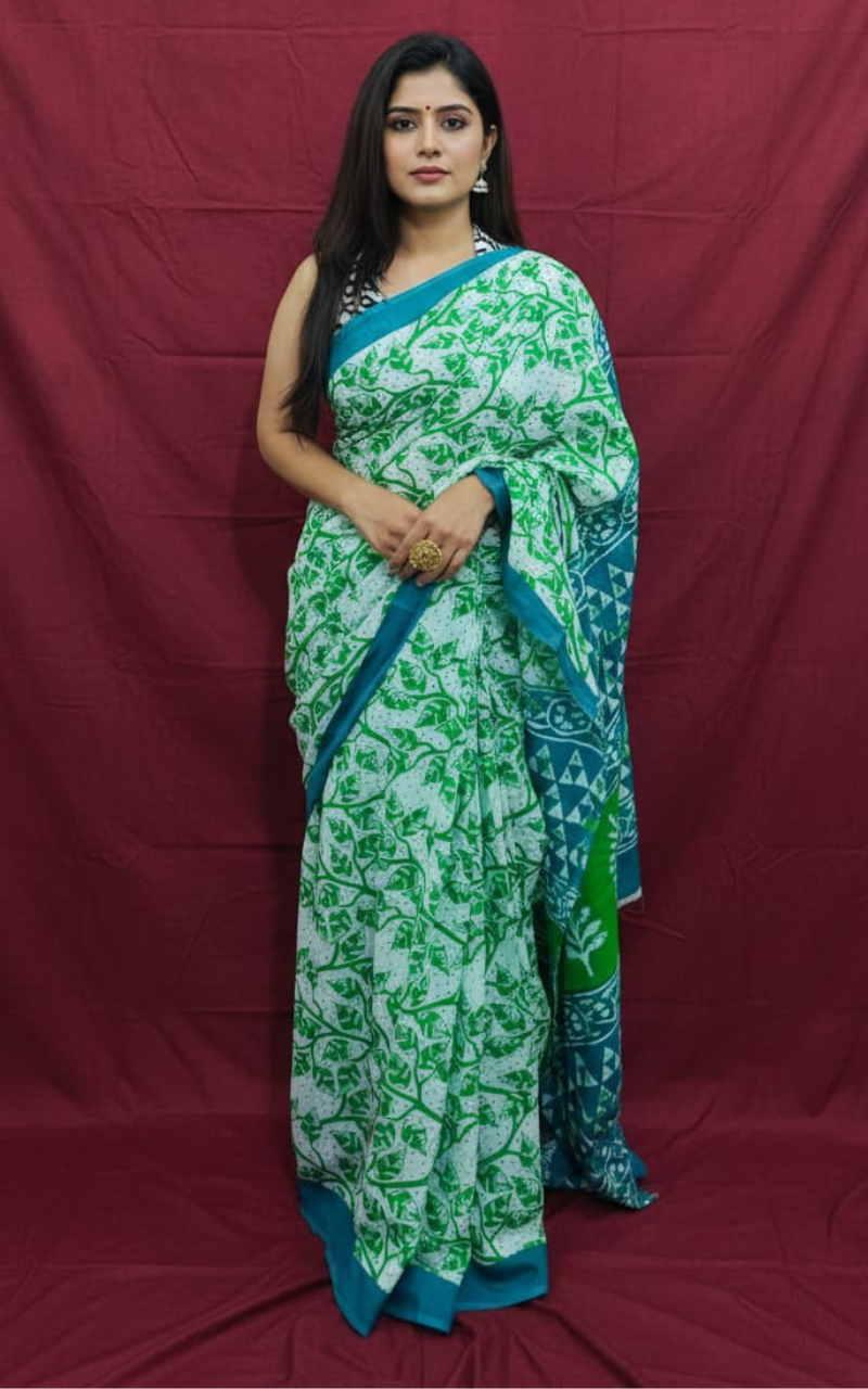 Green and White Hand-Block Printed Cotton Saree