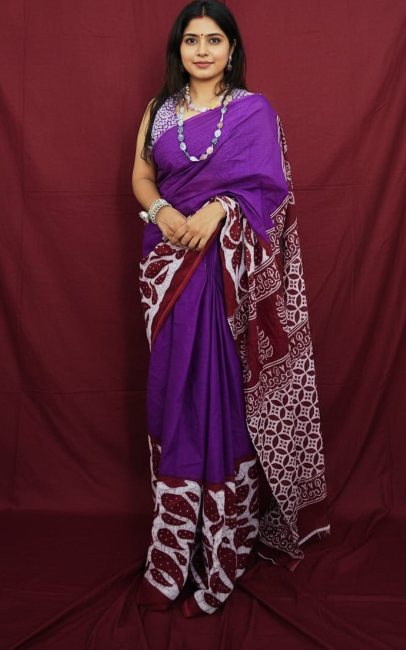 Purple and Maroon Hand-Block Printed Mulmul Cotton Saree