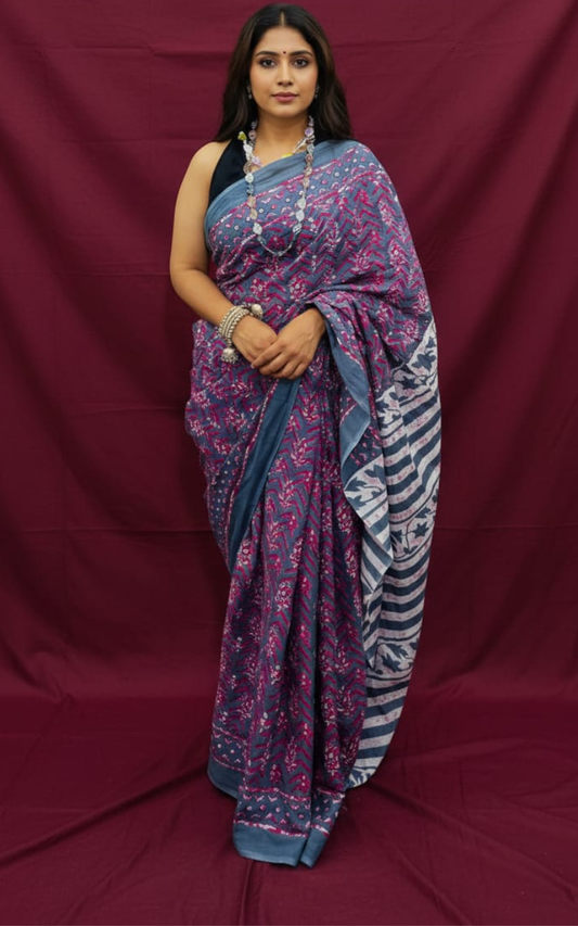 Indigo and Rose Pink Floral Hand-Block Printed Mulmul Saree