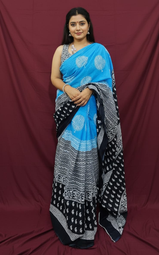 Sky Blue and Black Hand-Block Printed Cotton Mulmul Saree