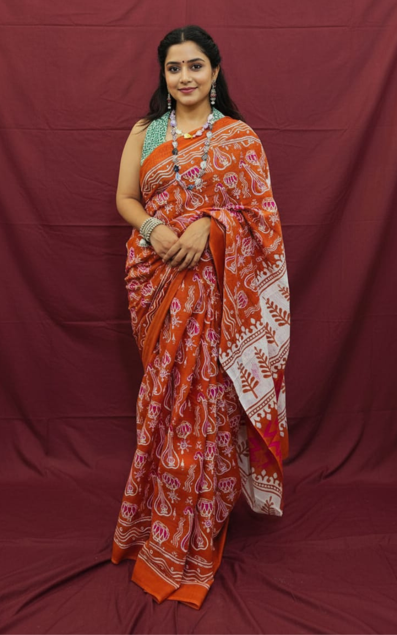 Rust-Orange and White Hand-Block Printed Cotton Mulmul Saree