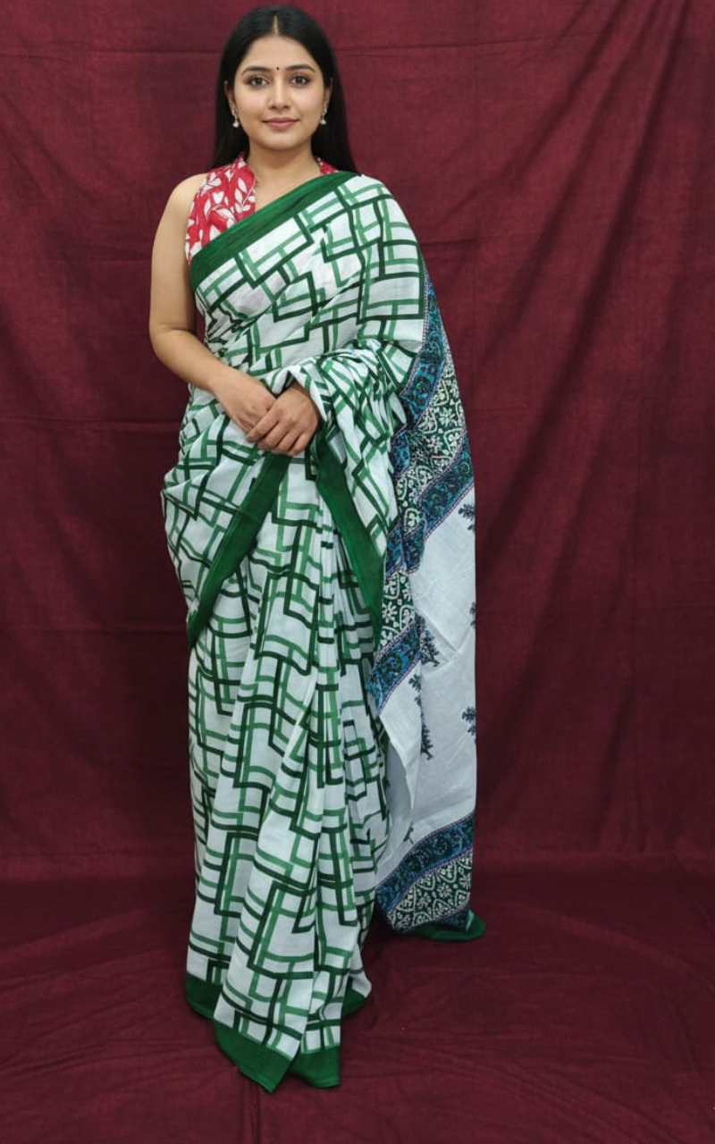 White and Forest Green Geometric Hand-Block Printed Mulmul Saree