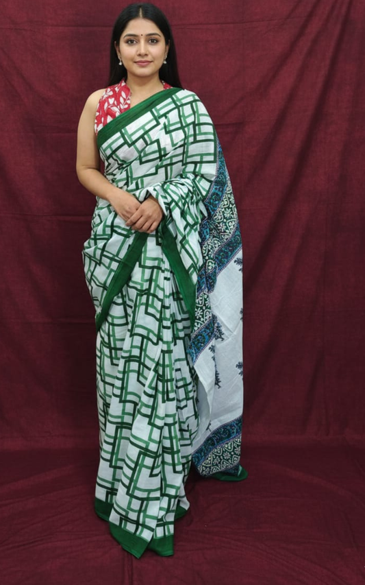 White and Forest Green Geometric Hand-Block Printed Mulmul Saree