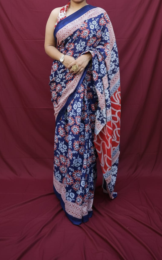 Indigo Blue and Red Jaipuri Hand-Block Printed Mulmul Saree