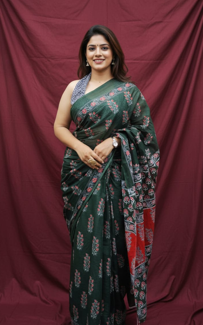 Forest Green and Crimson Hand-Block Printed Mulmul Saree